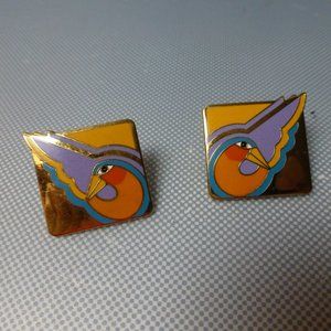 Laurel Burch "Sha Bird" enamel pierced earrings.